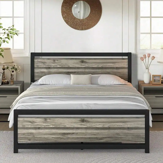 Bed Frame With Headboard, Farmhouse Bed Frame With Wooden Headboard, Heavy Duty Metal Bed Frame, No Box Spring Needed, Noise-Free, Esay Assembly, Bedroom Furniture,Twin/ Full/ Queen, Black/ Gray/ White/ Brown