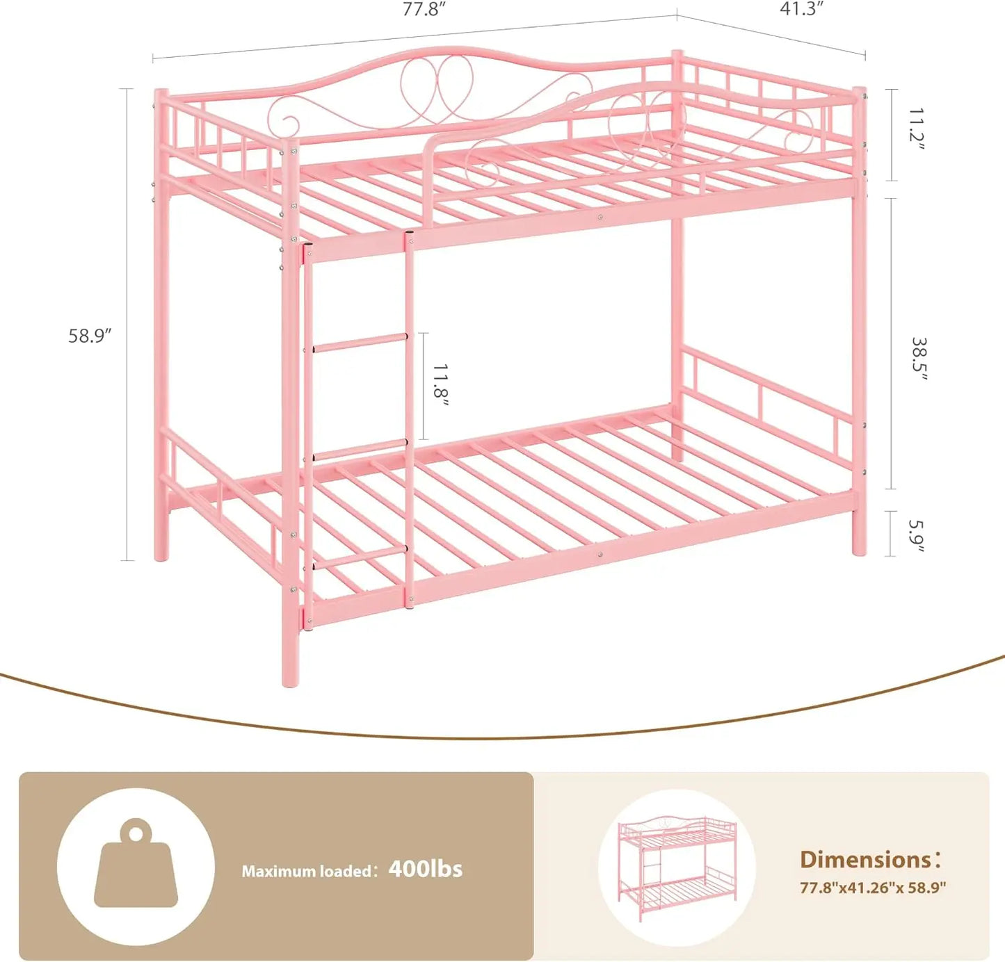 Bunk Bed Twin Over Twin with Ladder & Full Safety Guardrail, Heavy Duty Metal Twin Over Twin Bunk Bed 400 Lbs Load Capacity, Space-Saving, Noise Free, No Box Spring Needed, Easy Assembly, P