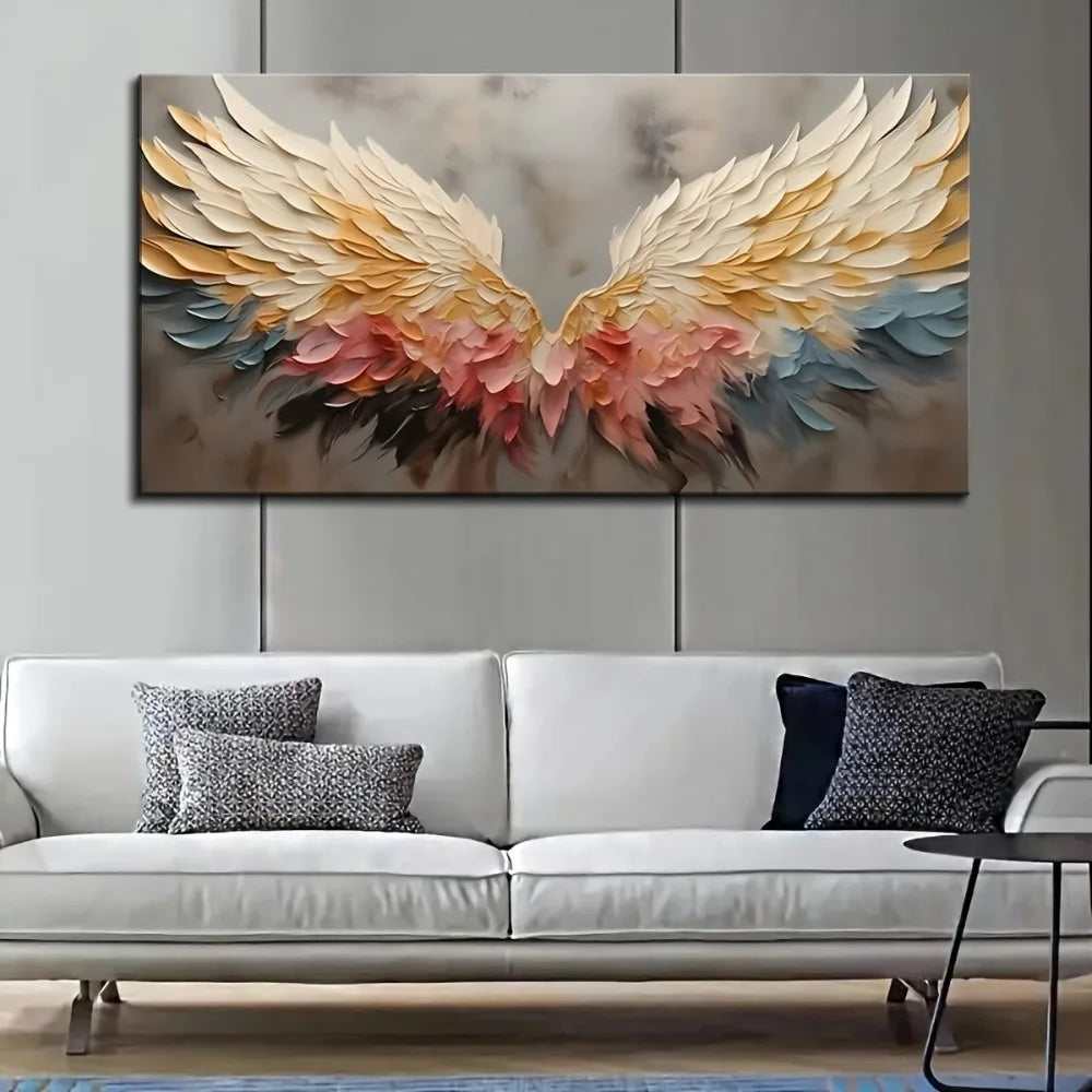 Vibrant abstract angel wing wall art - colored canvas mural, pine frame, ideal for living room,bedroom, hallway 1.5 inches thick