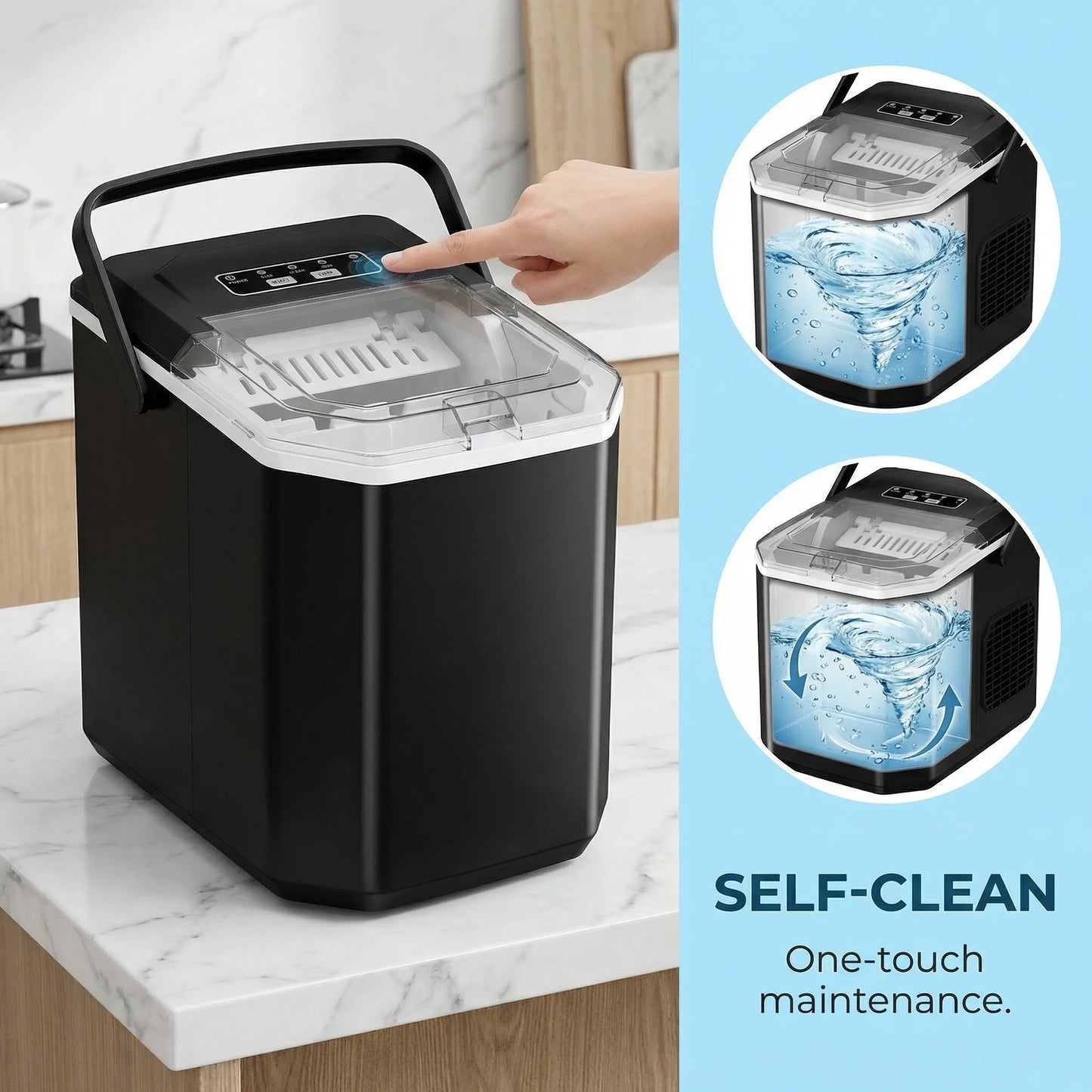 Ice Maker Countertop Machine with Handle, 26lbs in 24h, 9 Ice Cubes Ready in 6 Mins, Self-Cleaning Ice Makers with Basket and Scoop, Ideal for Home, Kitchen, Camping, RV