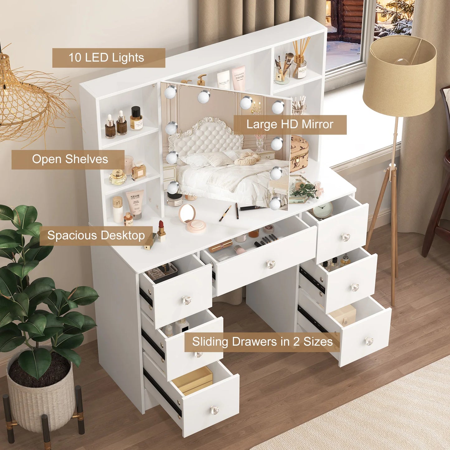 Large LED Vanity Dressing Table Set with Mirror, 7 Drawers Storage Makeup Desk, Crystal Pull Handles, Dimmable Glam Decor for Bedroom