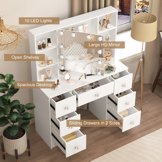 Large LED Vanity Dressing Table Set with Mirror, 7 Drawers Storage Makeup Desk, Crystal Pull Handles, Dimmable Glam Decor for Bedroom