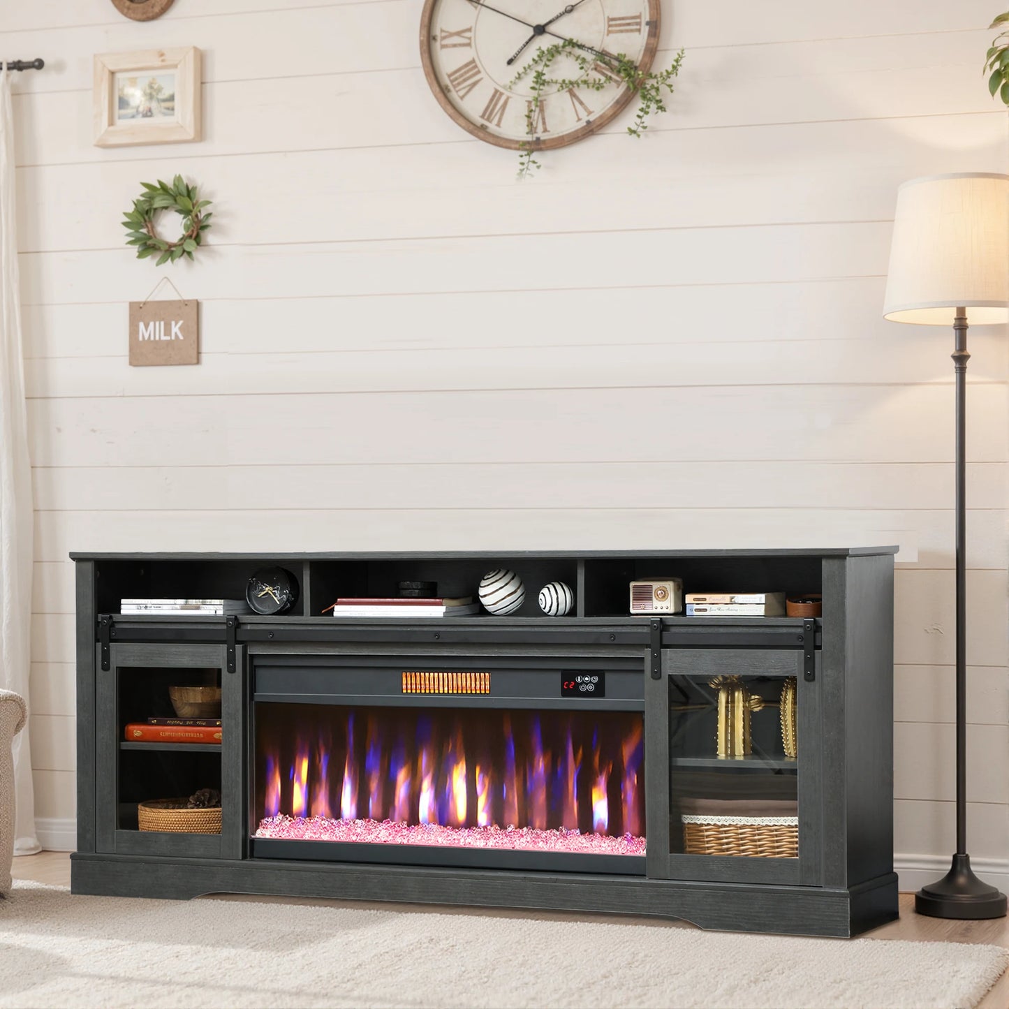 Fireplace TV Stand for TVs Up to 80 Inches, Modern Entertainment Center with 36" Glass Electric Fireplace & LED Lights, TV Console with Open Storage and Side Cabinets for Living Room, Black