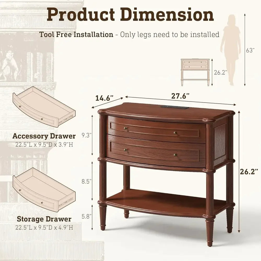 Wide Nightstand w/Charging Station & 2 Ders, Pre-Assembled, Vintage Side Table w/Antique-inished Pulls, Rustic Wood inish, End T