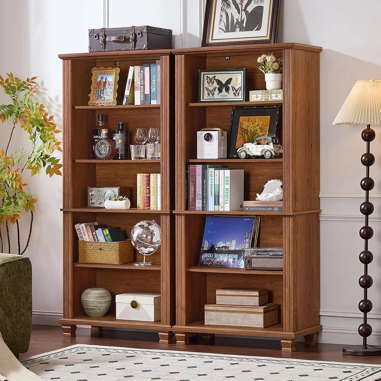 SAVOR LIFE 70" Tall Walnut Bookshelf,5 Tier Wooden Book Shelf with Adjustable Shelves & Wood Legs,Free Standing Farmhouse