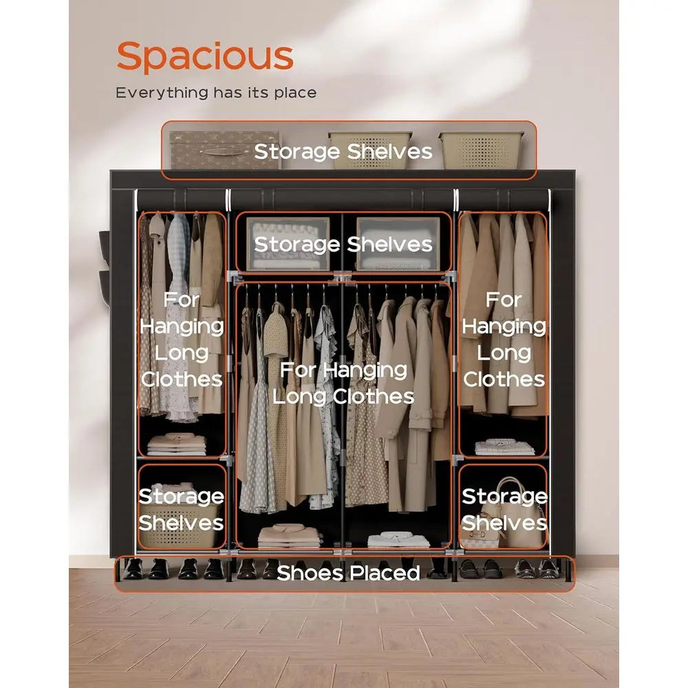 66.9 Inch Large Capacity Wardrobe Closet with Cover, Clothes Storage Organizer, 4 Hanging Rods, Shelves, Easy Assembly, Black