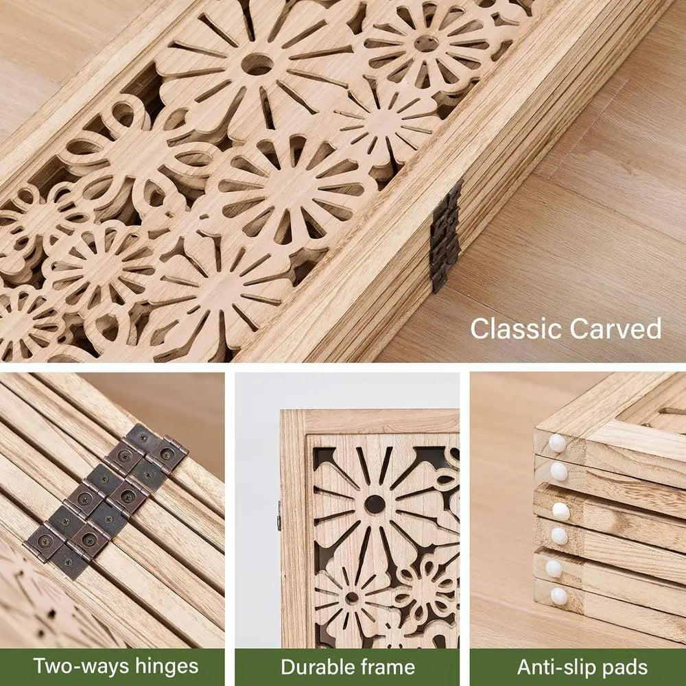 Folding Wood Room Divider Panel, 67 Inch Tall Daisy-Carved Privacy Screen - No-Assembly Required, Decorative Flower Carved Room