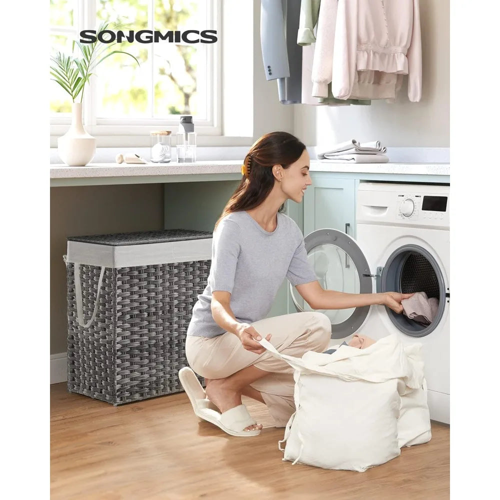Large 110L Laundry Hamper with Lid, 2 Removable Liners & 6 Mesh Bags, Breathable Wicker Basket for Family Bathroom Storage