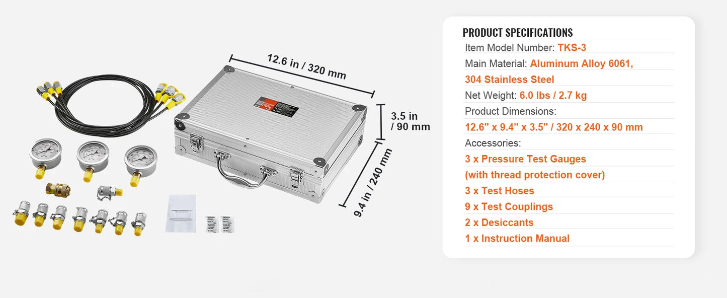 SucceBuy Hydraulic Pressure Test Kits Excavator Hydraulic Test Gauge Sets with Carrying Case for Excavator Tractors Machinery