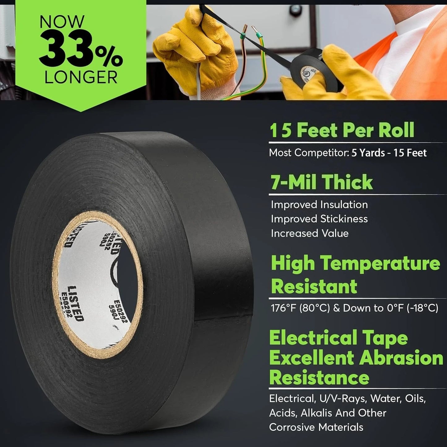 Black Electrical Tape PVC Adhesive Waterproof Tape- Professional Grade - 3/4 inch x 15ft - Vinyl Electrical Insulating Tape