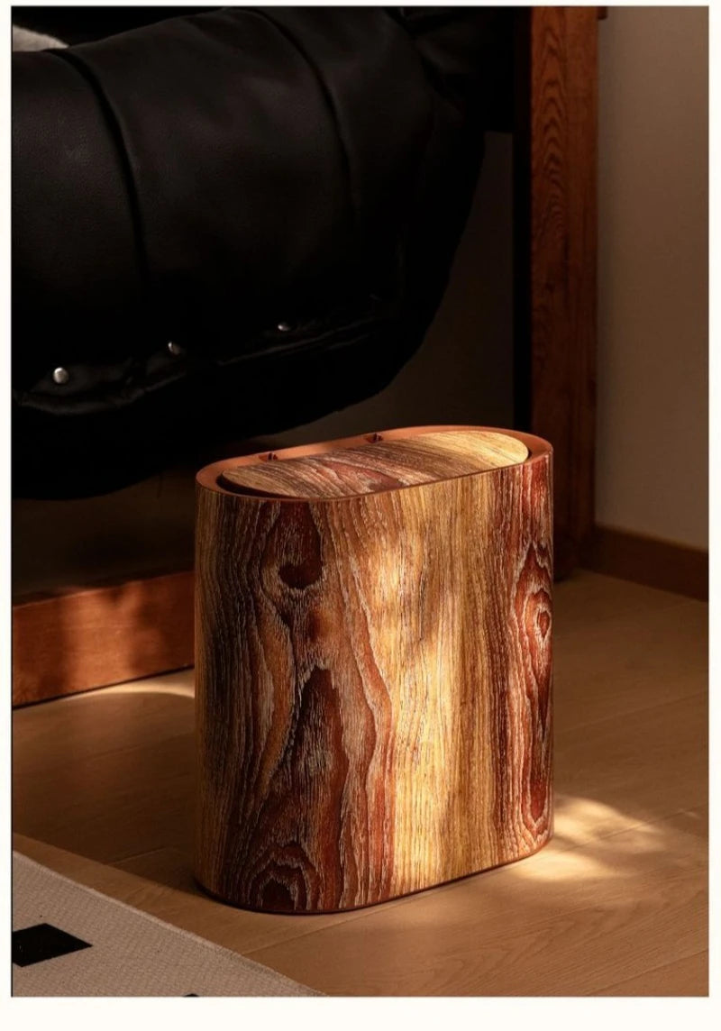 Wood Grain Trash Can with Lid Bathroom Litter Bins Large Capacity Wastebasket Living Room Toilet Retro Household Recycle Bin