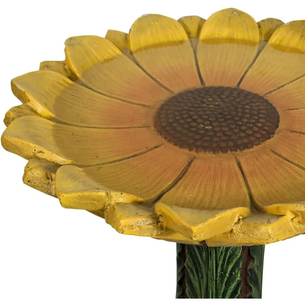 24.4” Tall Outdoor Concrete Bird Bath - Sunflower Birdbath Bowl with Green Leaf Pedestal for Garden, Patio, Lawn