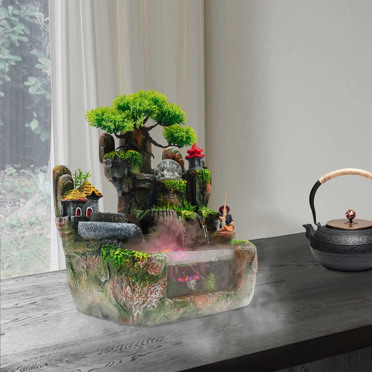Lucky Feng Shui Money Tree Water Fountain,Circulating Fish Tank Waterfall with Resin Rockery,for Wealth Success & Home Decor Gif