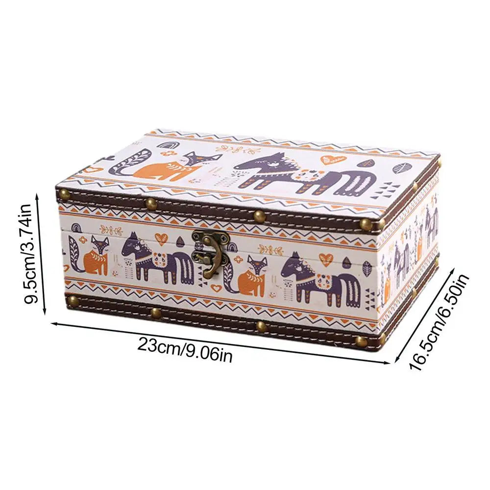 Retro Wooden Storage Box Keepsake Jewelry Box with Lock Kids Storage Chest for Jewelry Notebook Postcards Cosmetics Red Packets