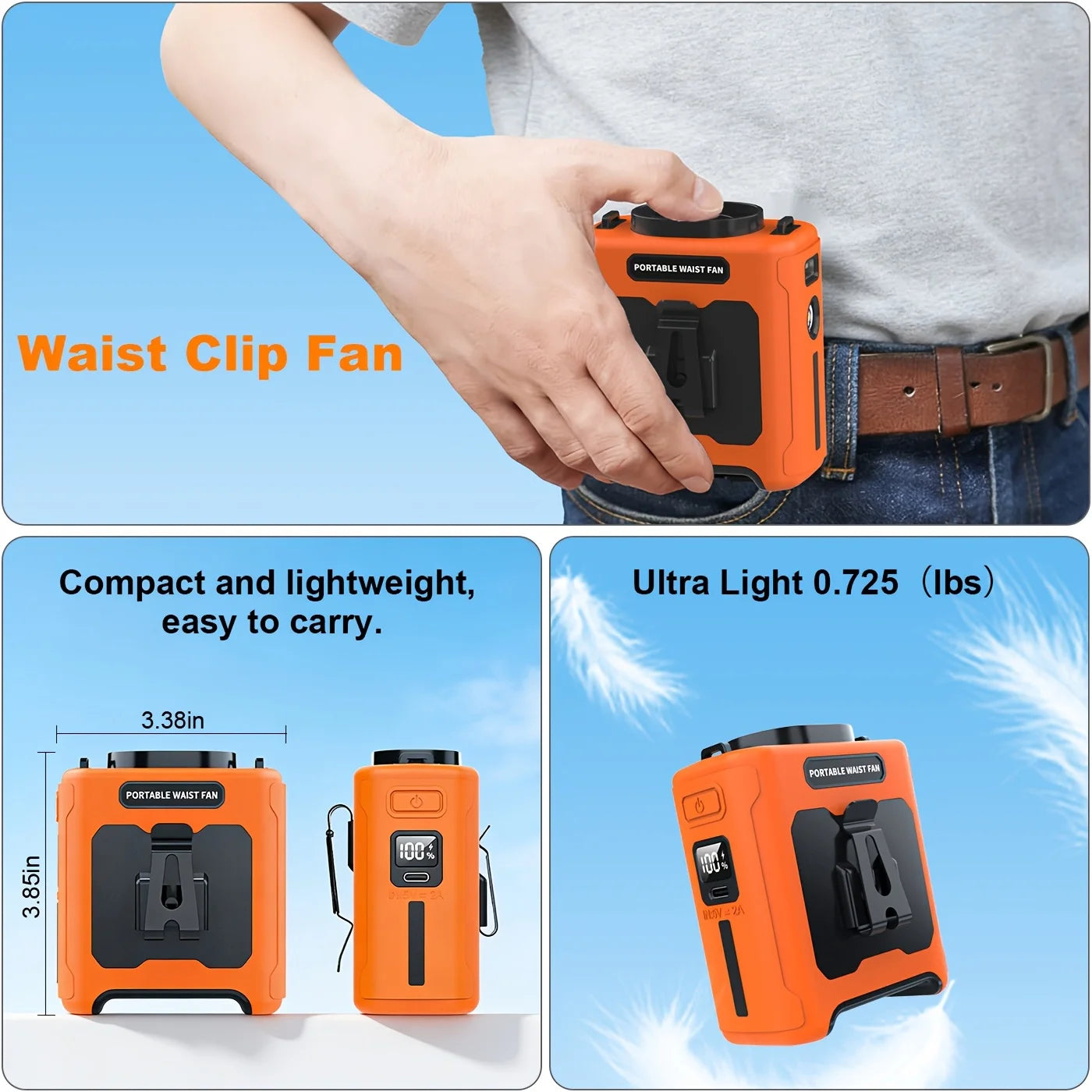 10000mAh Waist Fan Portable Handheld Hanging Neck Fan Ultra-Strong Wind with Phone Charging LED Light For Outdoor Camping Travel