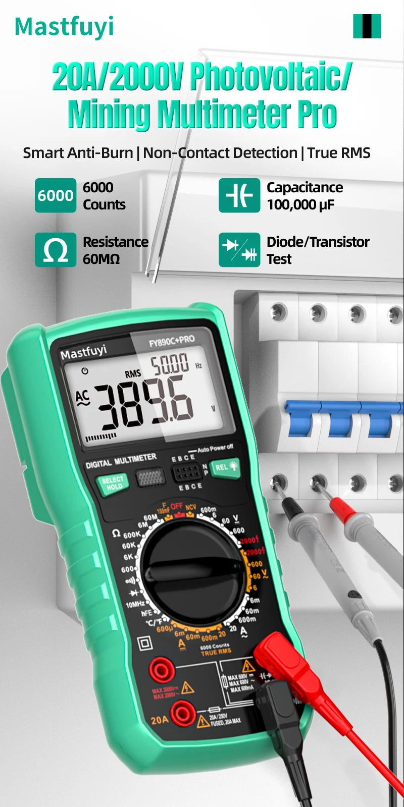 MASTFUYI 2000V 20A Extra-Large Range Digital Multimeter Photovoltaic Multimeter True RMS Multifunctional All-in-One Machine