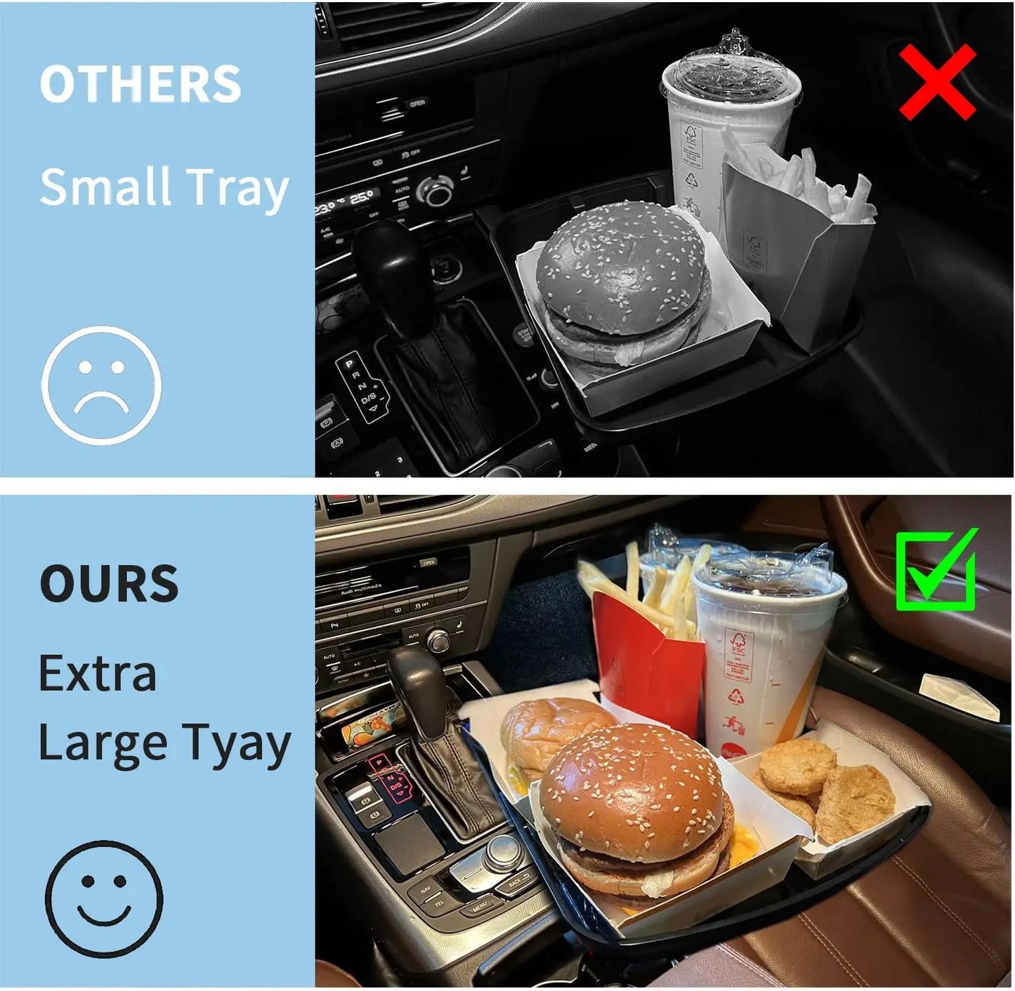 10" Car Food Tray with Cup Holder, 360° Rotating Detachable Table for Eating, Phone Holder Included, Road Trip Essentials