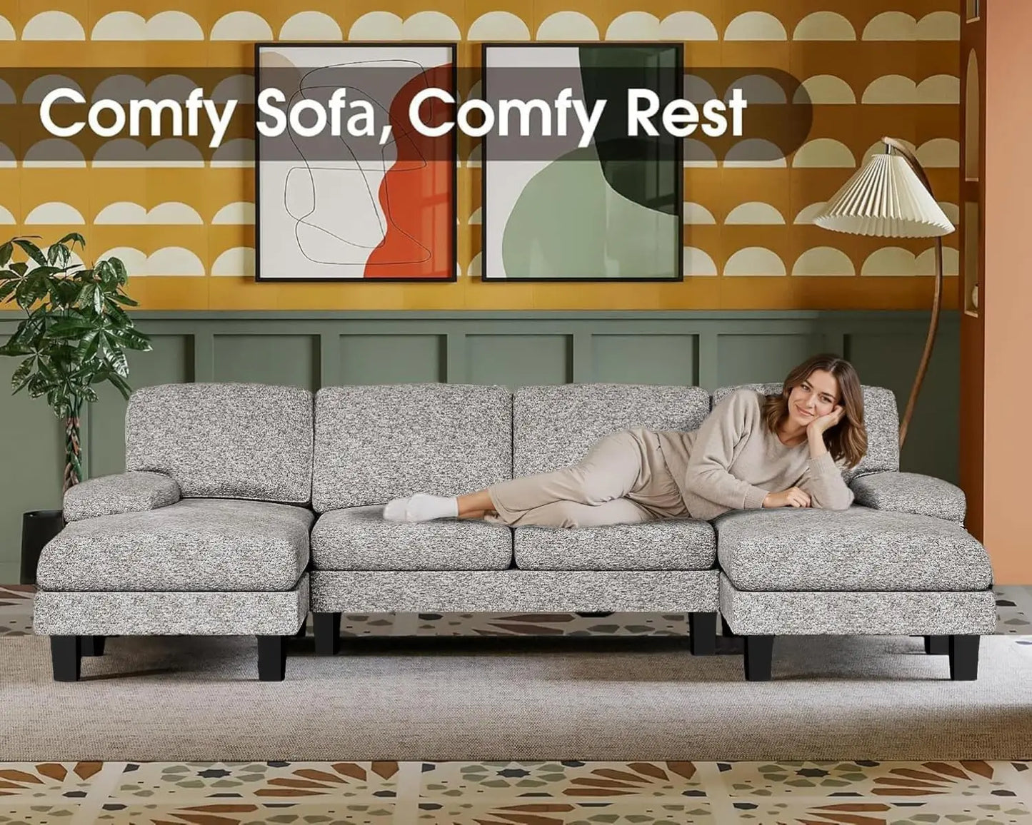 Sectional Couches for Living Room, U-Shaped Sofa Couch with Linen Fabric, 4 Seat Sofa Set with Double Chaise for, Custom
