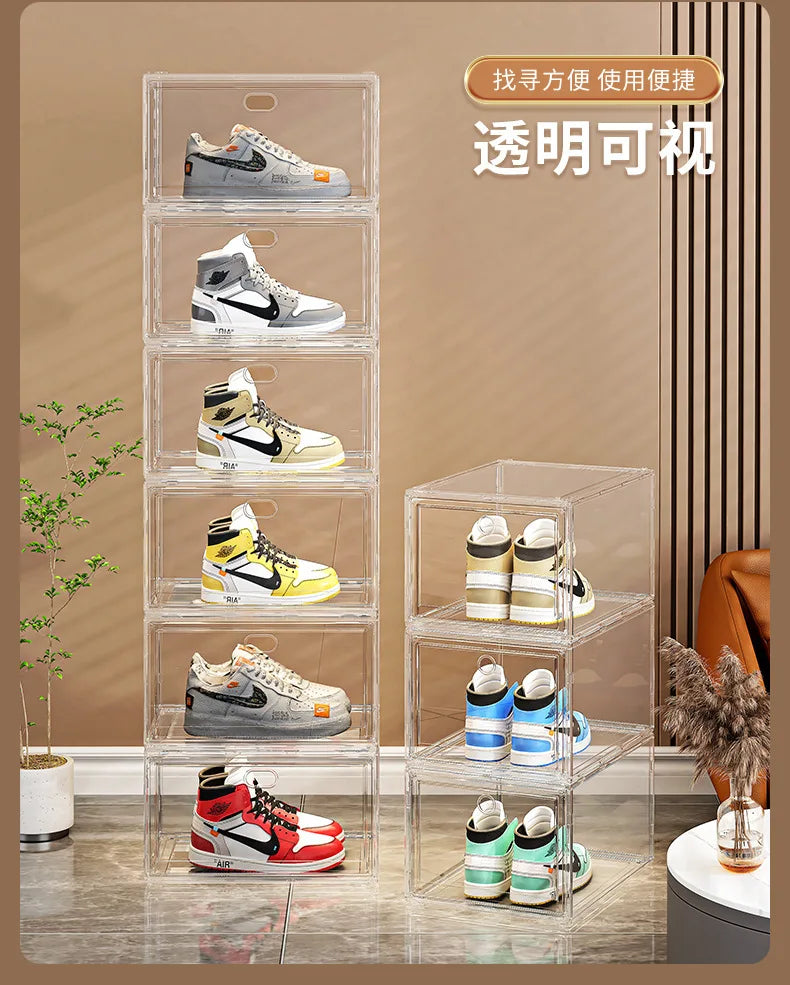 Large AJ Sneaker Organizer Box Thickened Transparent Shoe Box with Magnetic Closure Stackable Multi-Layer Shoe Storage Organizer
