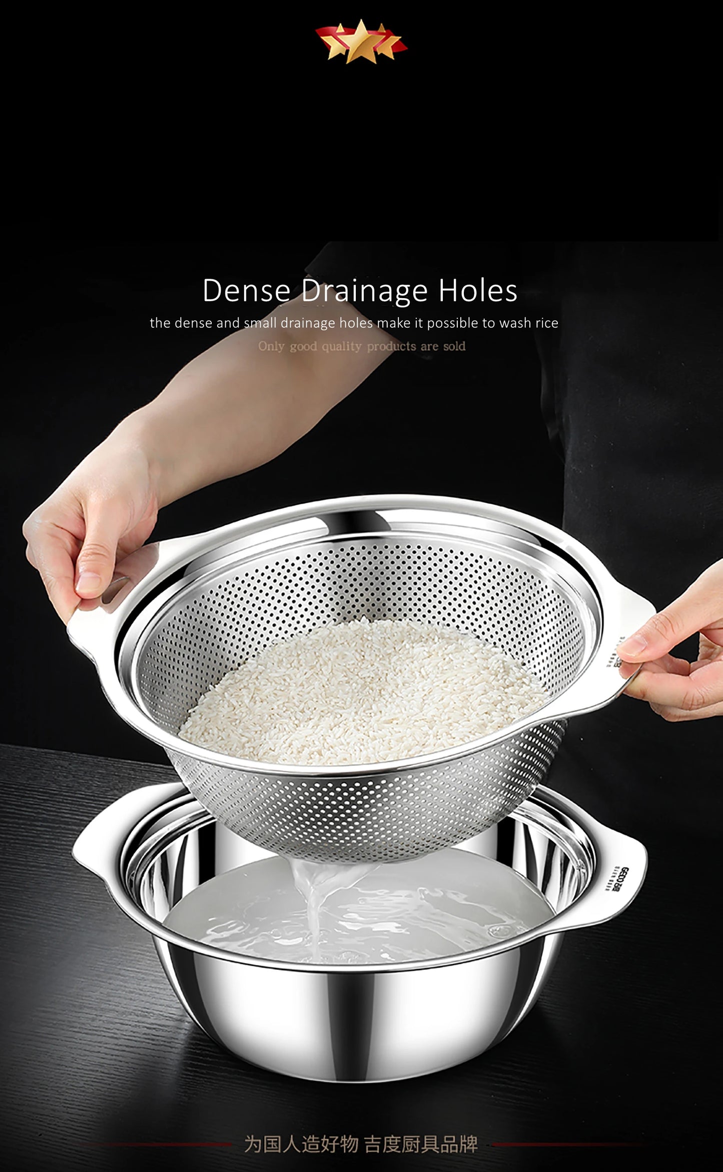 LFGB Certification 304 Stainless Steel Kitchen Washing Drainage Basin 23cm~31cm Diameter Colander with Dense Small Holes