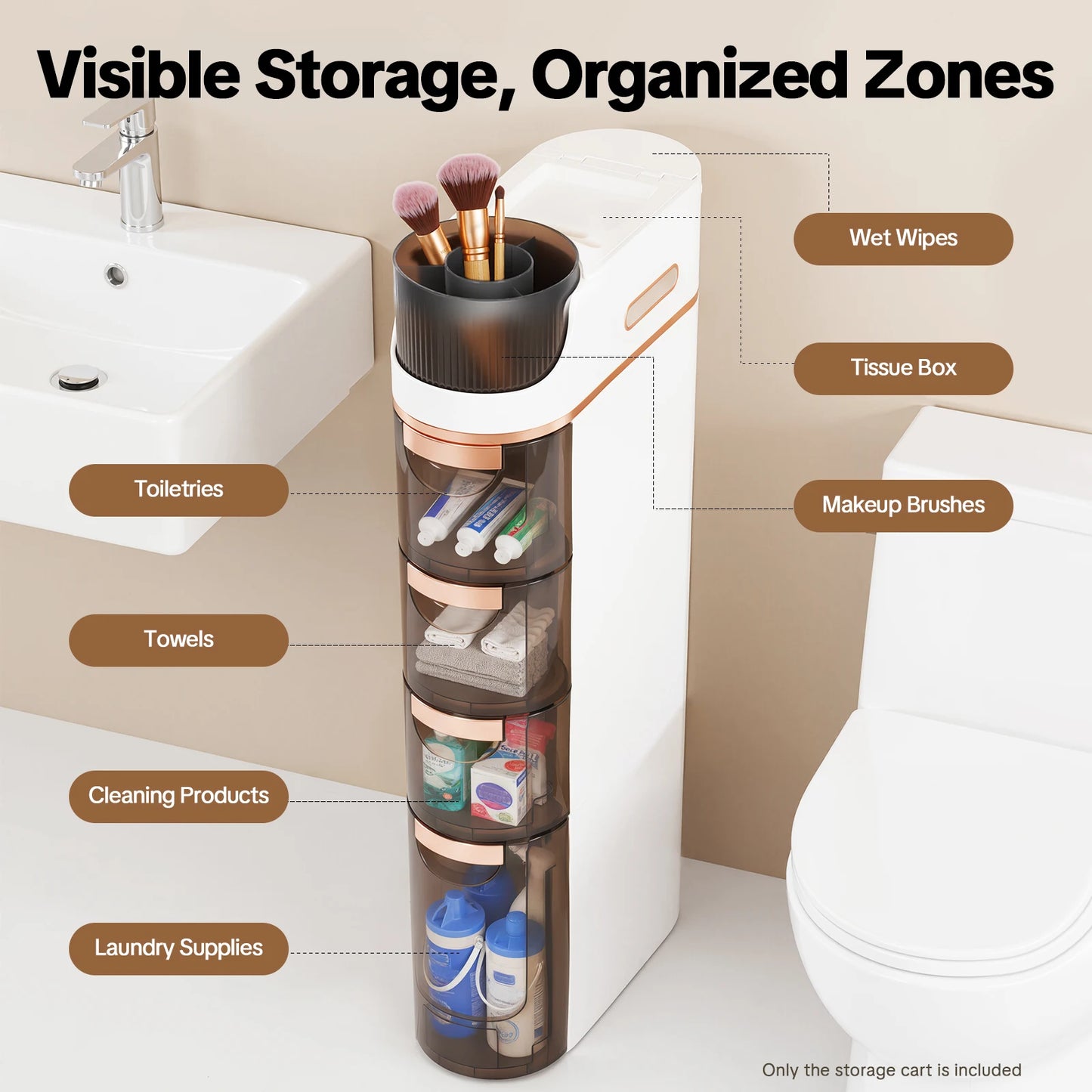 Slim Bathroom Storage, PP Material, Large Bottom Drawer 5.71x15.7x11.61Inch with 3 Small Drawers, 4-Drawer Makeup Organizer for Bedroom, Office
