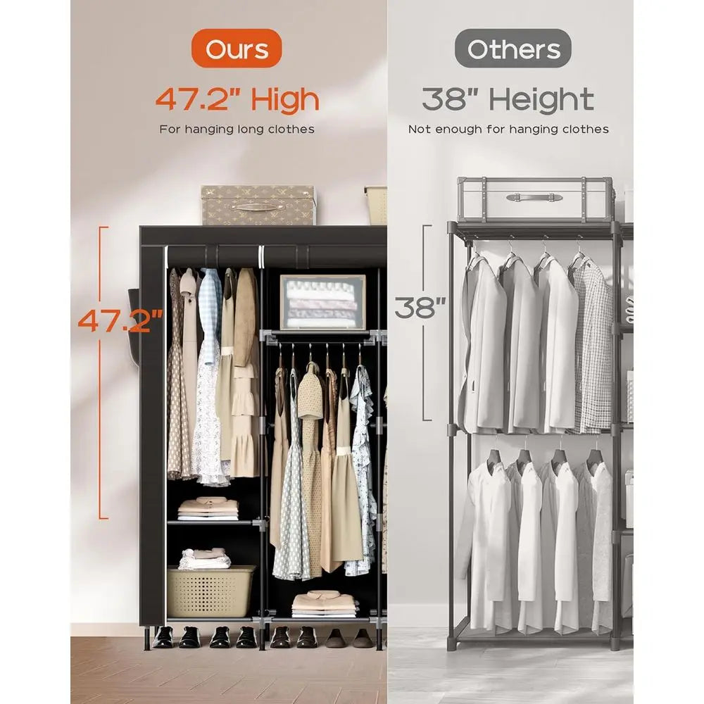 66.9 Inch Large Capacity Wardrobe Closet with Cover, Clothes Storage Organizer, 4 Hanging Rods, Shelves, Easy Assembly, Black
