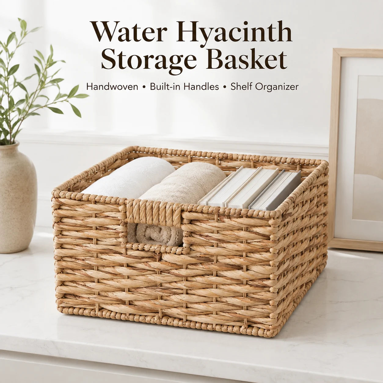 Water Hyacinth Storage Basket Woven Shelf Organizer with Handles for Closet Bathroom Kitchen Pantry Bedroom Living Room Office