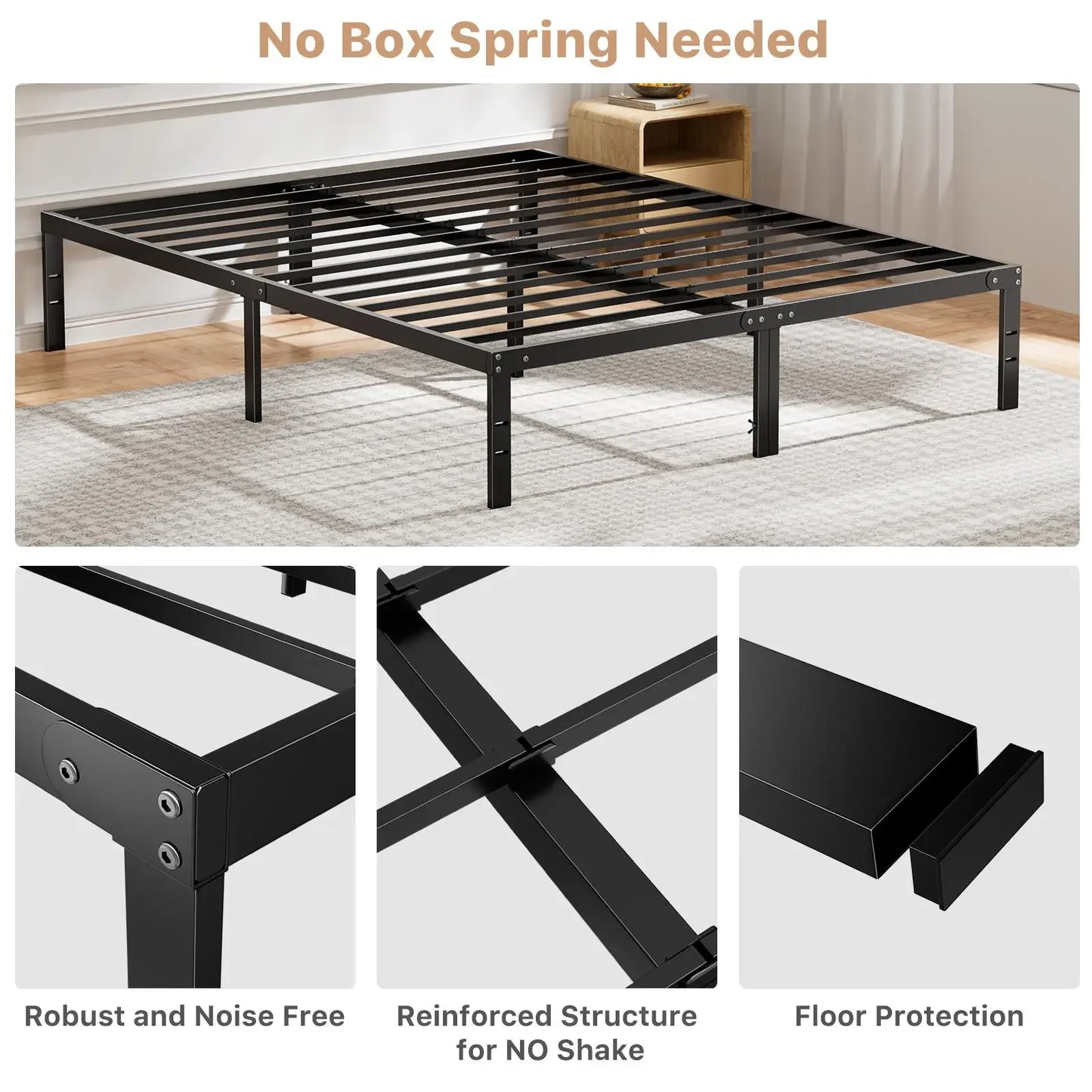 Heavy Duty Metal Bed Frame 14 Inch Platform Bed Base with Under Bed Storage Sturdy Steel Slat Support No Box Spring Needed Noise Free Mattress Foundation Easy Assembly Iron Bedroom Furniture