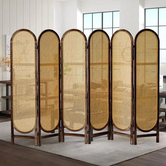 6-Panel Rattan Room Divider, Hand-Woven Privacy Screen, Wood Partition for Home or Office, Brown