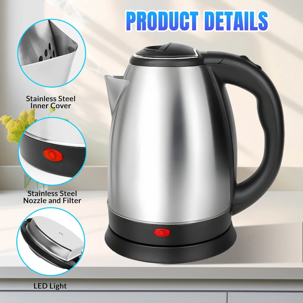 2L Stainless Steel Electric Kettle Fast Boil Water Heater Auto Shut Off Dry Boil Protection 360° Rotating Base BPA Free Household Water Boiler for Home Kitchen