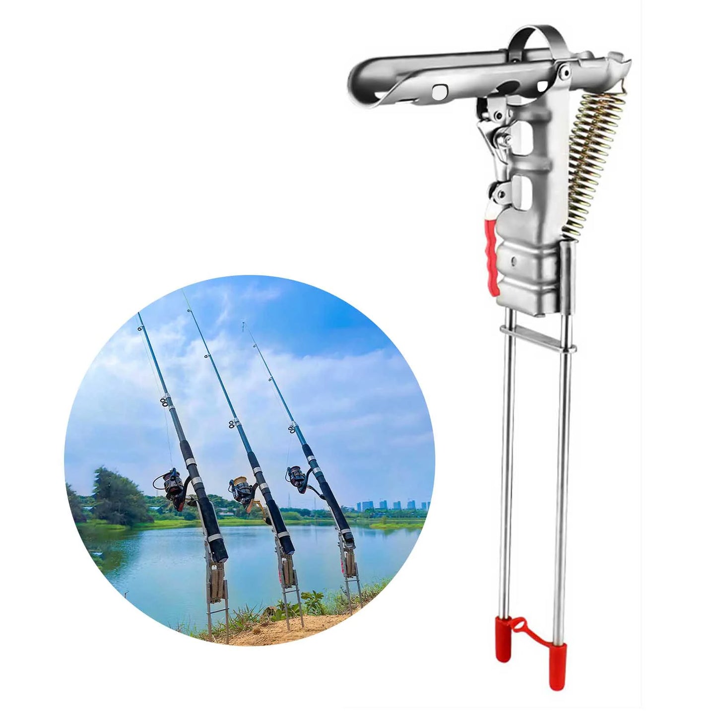 Stainless Steel Fishing Rod Holder Ground Spike Stand Double Spring Auto Hook Setting Sensitive Bite for Anglers