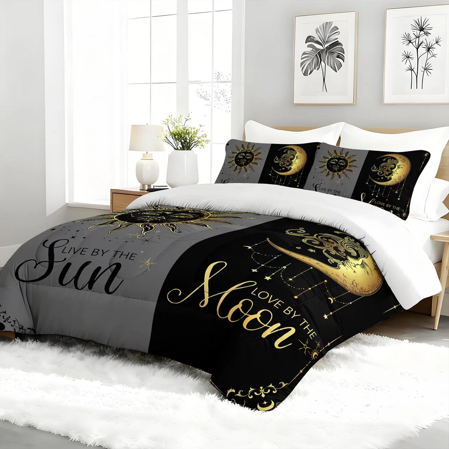 3PC Sun And Moon Celestial Bedding Set Astrology Duvet Cover with 2 Pillowcases Modern Bedroom Guest Room Decor