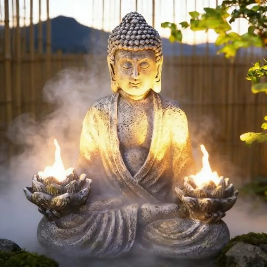 Buddha Statue Zen Sculpture 11.4in Yoga Garden Decor with LED Solar Lotus Lights, Sitting Meditating Buddha Serene Resin Figuri