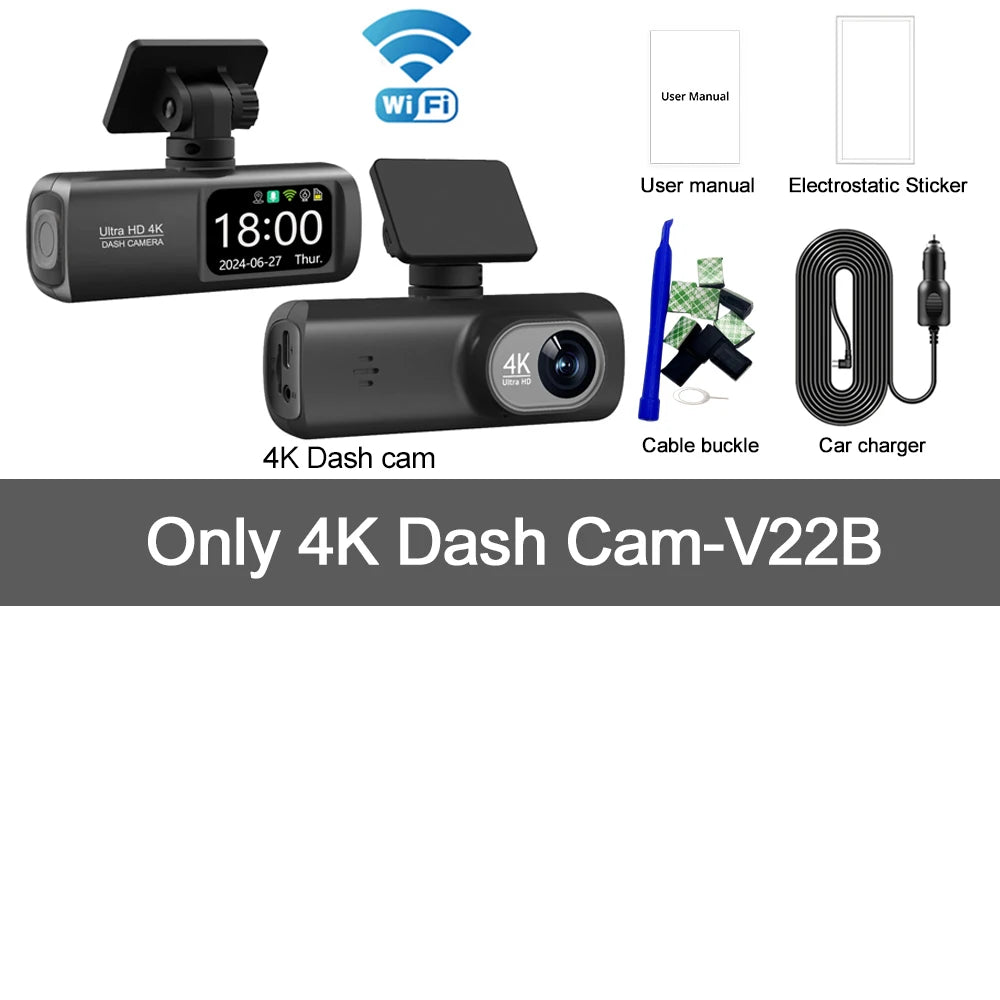 UHD 4K WiFi Dash Cam Dual Lens Driving Recorder Car DVR Optional 1080P Rear Lens Camera GPS 24H Parking Monitoring Black Box