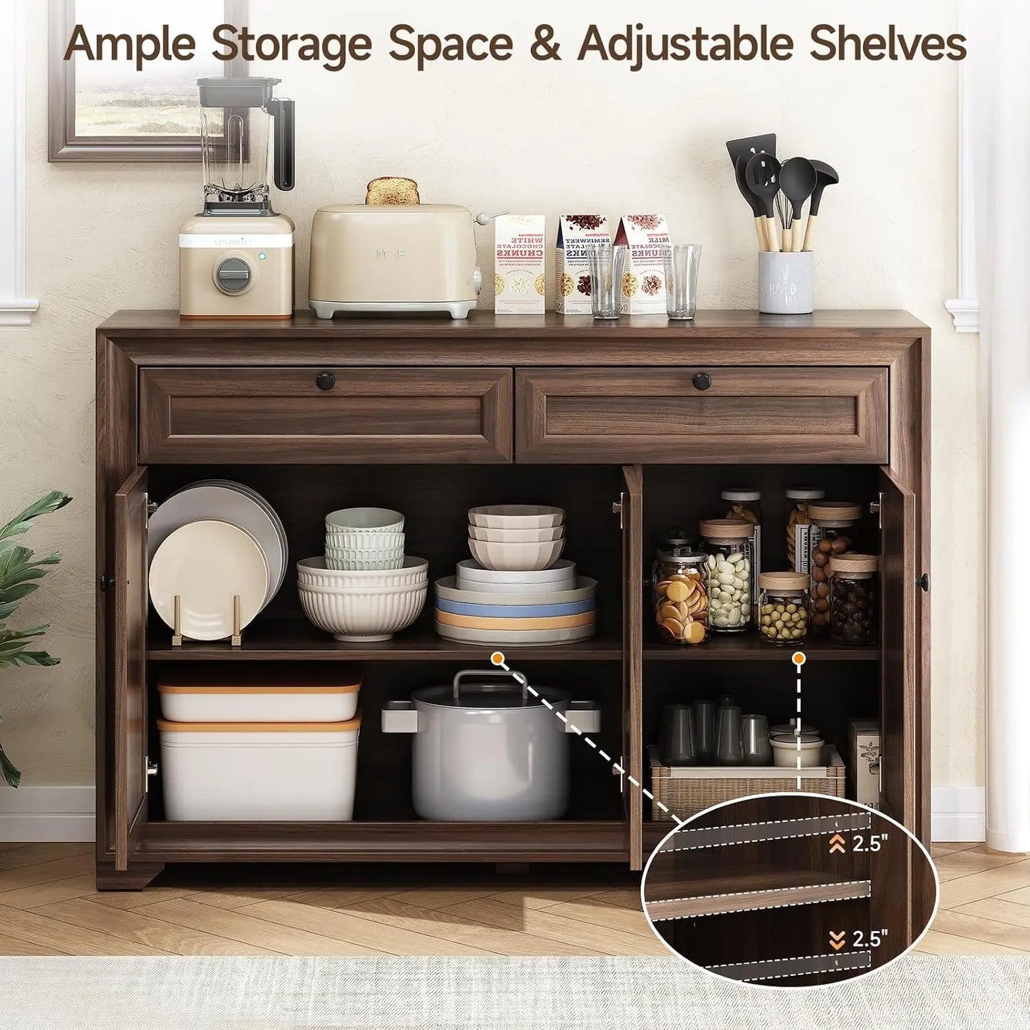 48" Sideboard Storage Cabinet with 2 Drawers + 3 Doors | Wood Coffee Bar Cabinet, Buffet Table Adjustable Shelves Farmhouse Style for Home Kitchen Living Room