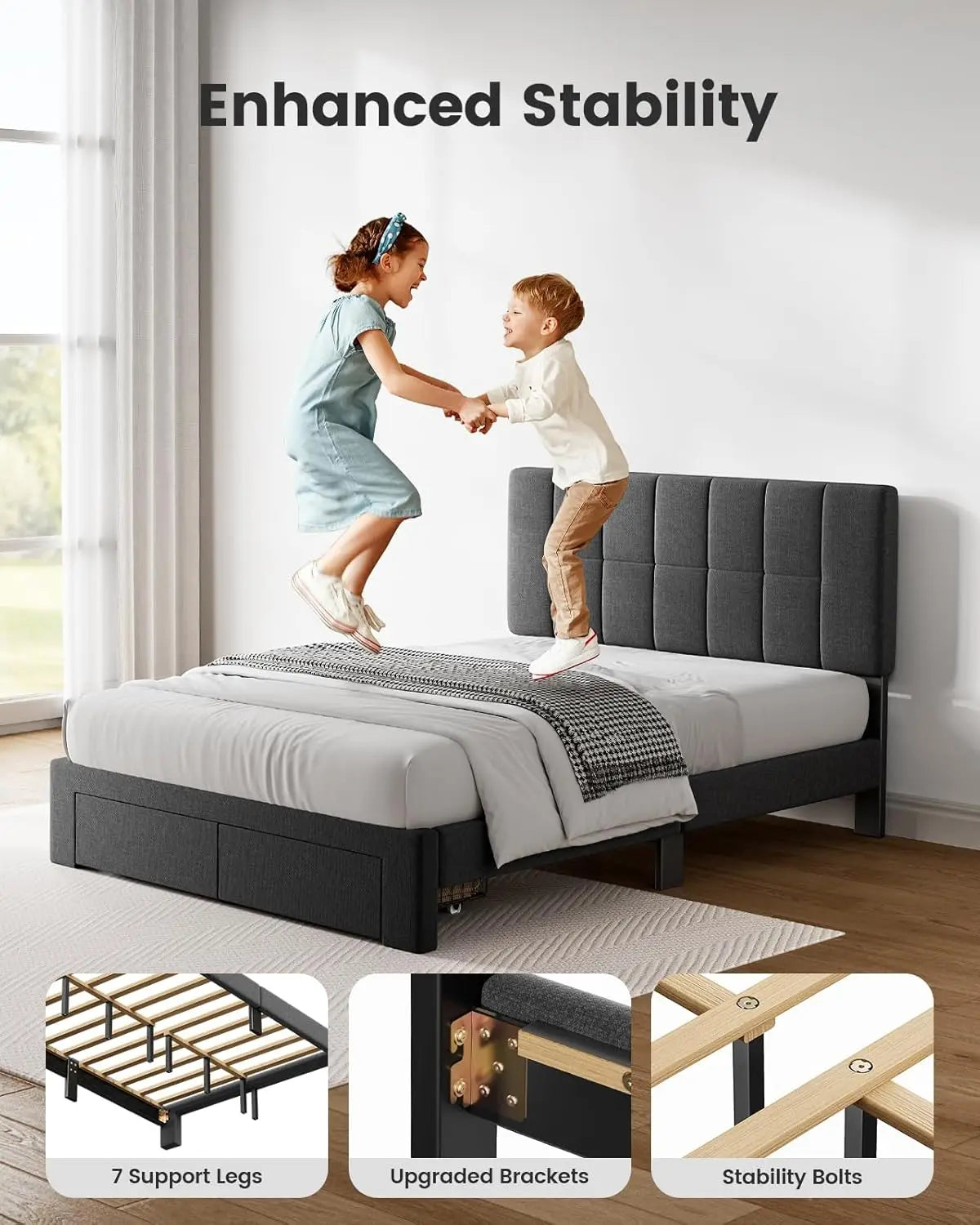 Full Size Solid Wood Platform Bed Upholstered Headboard 2 Storage Drawers 12 Sturdy Legs Fit 6"+ Mattress, Custom
