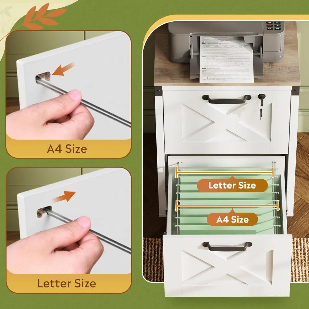 2 Drawer File Cabinet with Lock, Wood Farmhouse Filing Cabinet for Home Office, Printer Stand Fits Letter and A4 Size