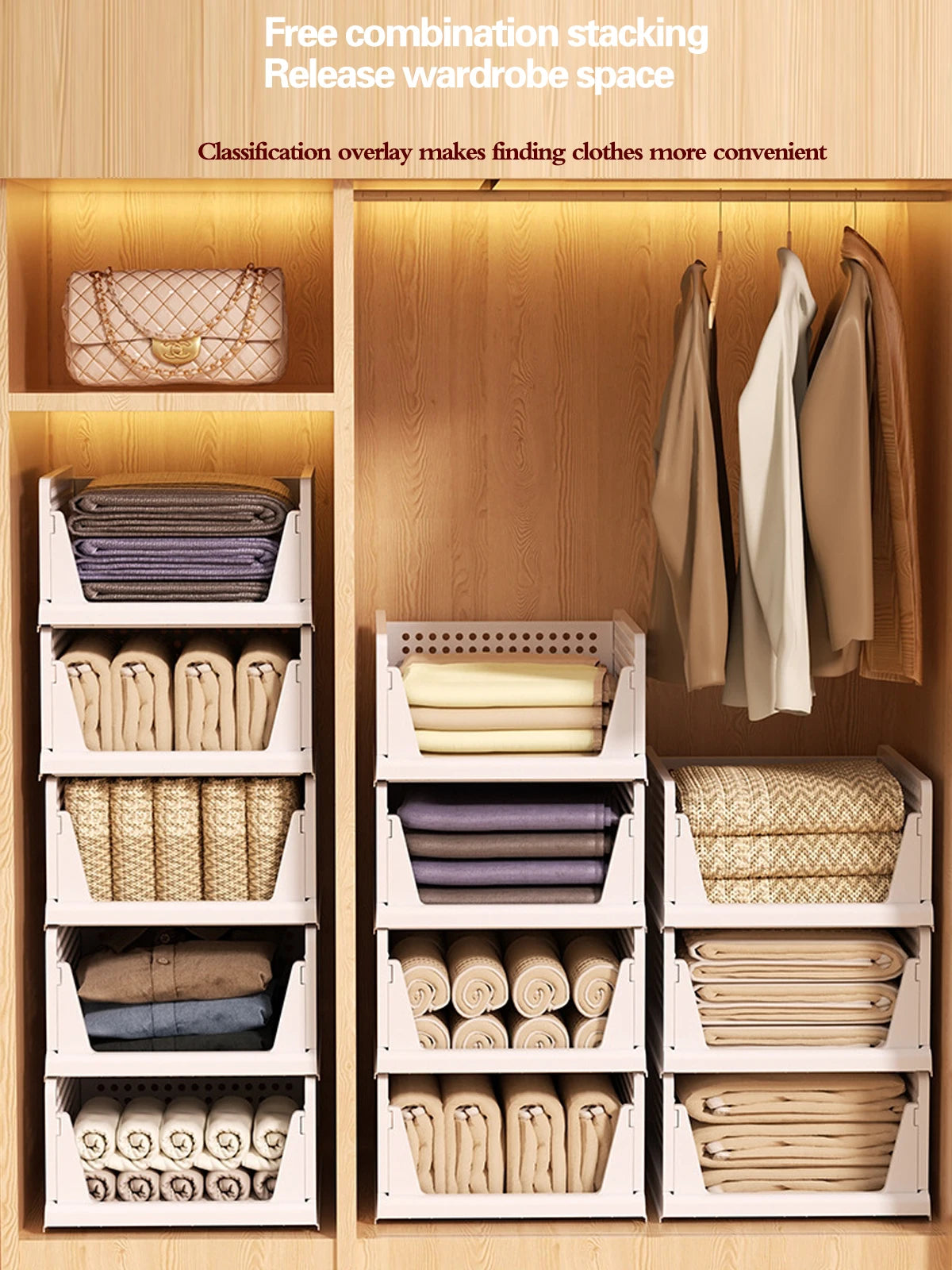 Stackable Storage Basket Plastic Folding Closet Organizers Storage Box Wardrobe Drawer Units layered Partition Storage rack