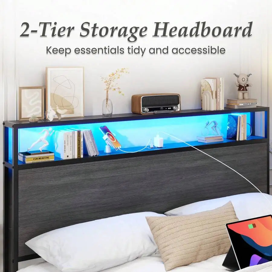 Queen & Full Bed Frame With Storage, 2-Tier Storage Headboard & Built-In Drawers, Metal Platform Bed With USB Charging Station & LED Lights, Noise Free, No Box Spring Needed, Easy Assembly,Rustic Grey