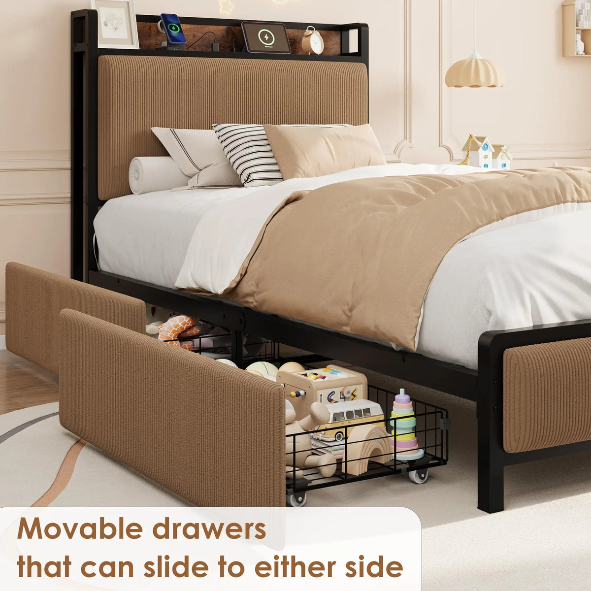 Mid Century Modern Platform Bed Frame With Charging Station