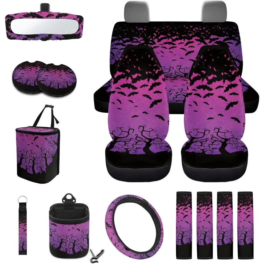 Purple Bat Print 15Pcs Car Seat Covers Full Set High Back Bucket Seat Covers with Steering Wheel Cover Safety Belt Pads Inside