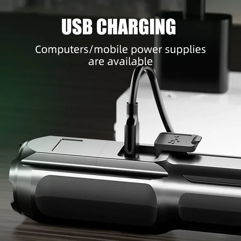Compact USB Charging LED Flashlight Portable Telescopic Zoom Strong Light Focused Long-Range Household Emergency Lighting