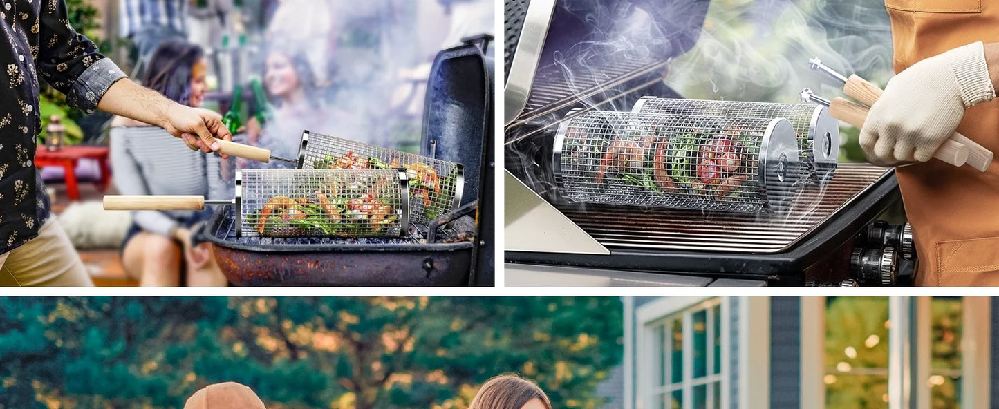 Rolling BBQ Cage with Wooden Handle - Outdoor BBQ Grill Basket | 304 Stainless Steel Grill Cylinder & Grill Net