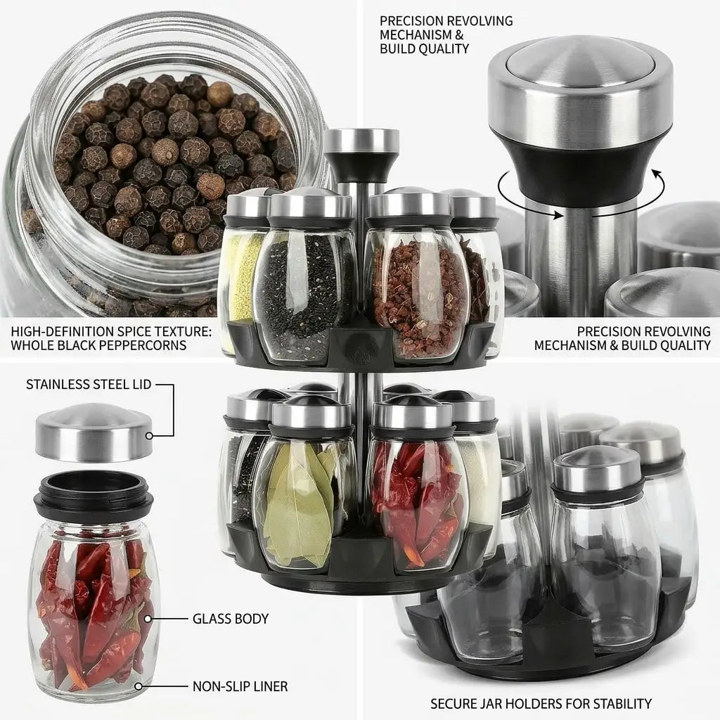 12pcs Glass Jar Set - Rotating Kitchen Spice Rack Organizer, Countertop Herb & Spice Carousel - Ideal For Kitchen Counter Accessories, Spice Organization, And Storage