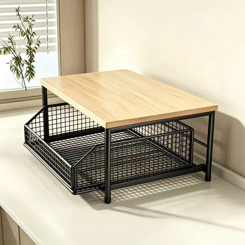 Kitchen Counter Storage Rack with Metal Drawer, Solid Wood & Metal Pull-Out Organizer for Coffee Maker, Microwave And Tableware