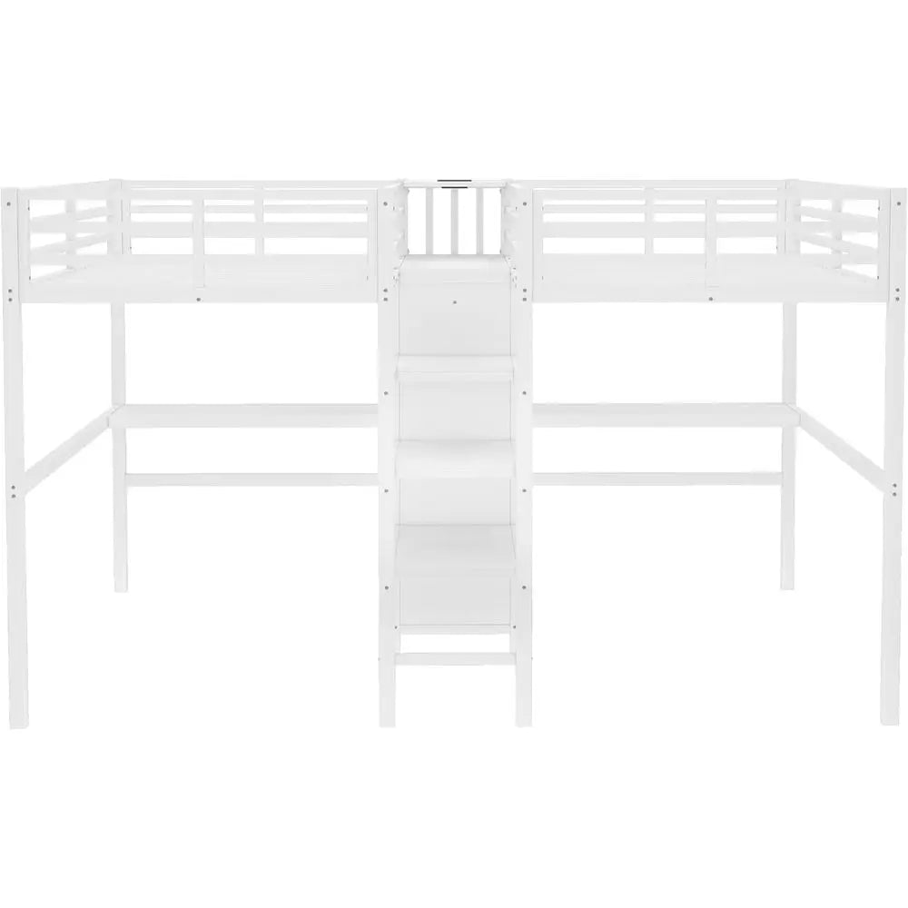 Twin Size Metal Bunk Bed with Desk, Charging Station, Wardrobe, and Storage Shelves, White