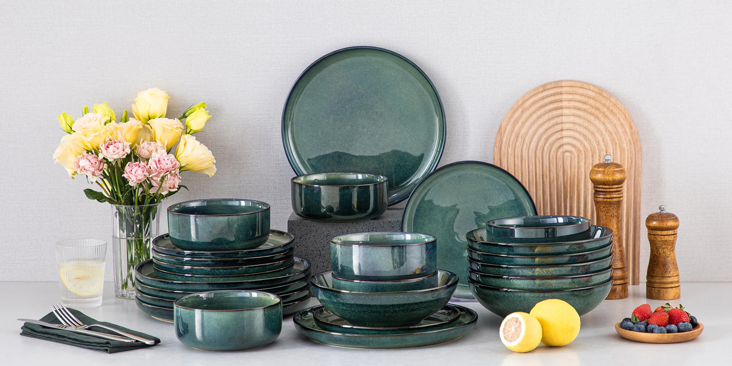 vancasso 24 Piece Green Klin Change Glaze Stoneware Set Dinnerware Set with 6pcs Dinner Plate/Dessert Plate/Soup Plate/Bowl