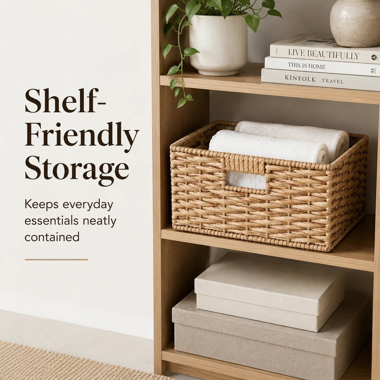 Water Hyacinth Storage Basket Woven Shelf Organizer with Handles for Closet Bathroom Kitchen Pantry Bedroom Living Room Office