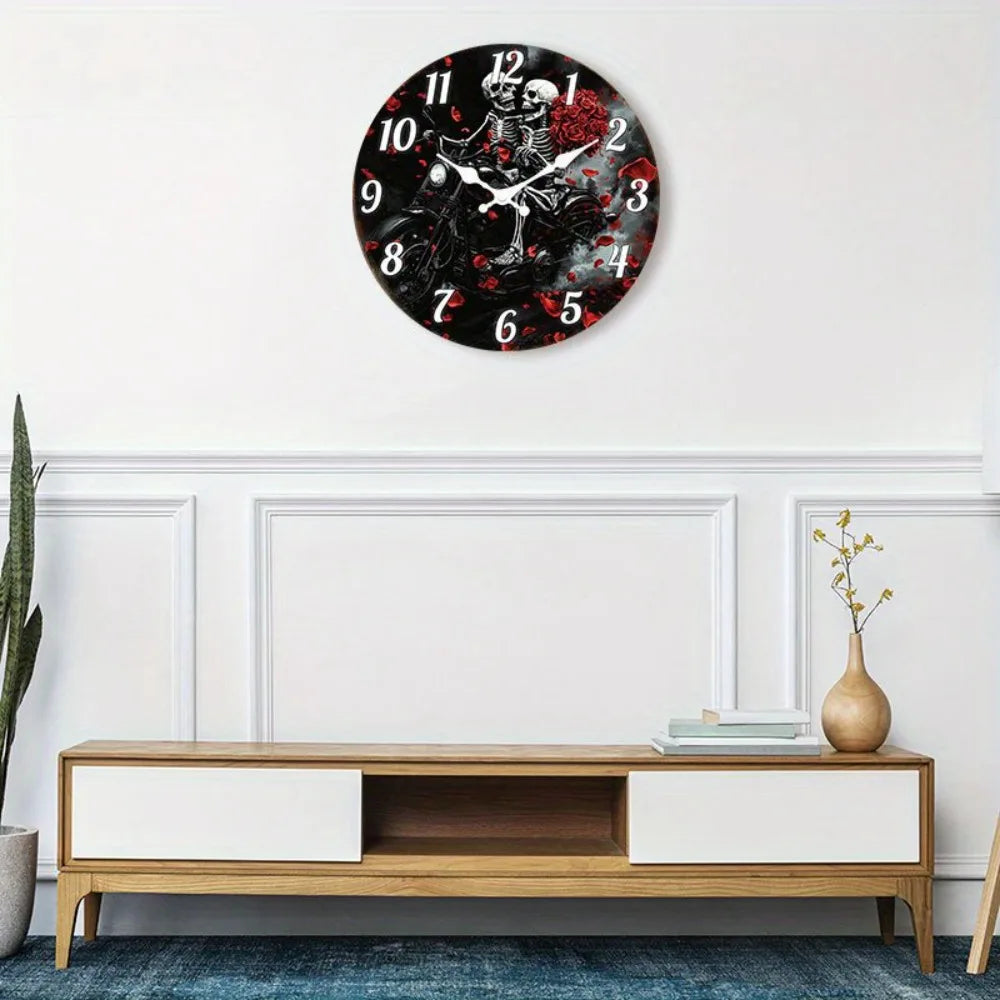() 1pc Silent Wall Clock Non-Ticking Wooden, Decorative Circular Clock Gothic Motorcycle Skeletons with Roses Design for Bedroom