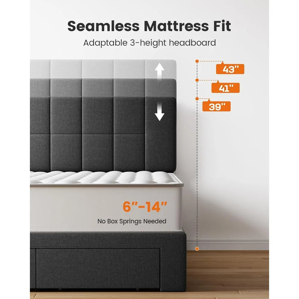 Full Size Solid Wood Platform Bed Upholstered Headboard 2 Storage Drawers 12 Sturdy Legs Fit 6"+ Mattress, Custom